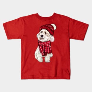 cavalier king charles spaniel,  white Cavapoo Cavoodle in festive red winter hat and scarf with snowflakes - cute cavalier king charles spaniel snug in a snowflake themed scarf Kids T-Shirt